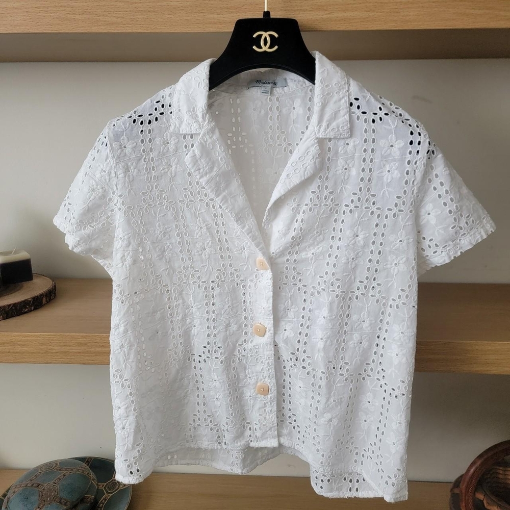 Madewell White Eyelet Button-Up Shirt Women's Top - Picture 2 of 6